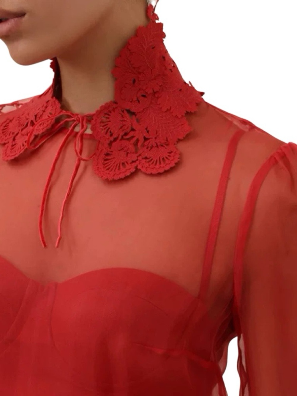Designer-style Sheer Lantern Chiffon Red Bell-Sleeve Mini Dress - Picture 4 of 7